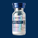 Vial labeled 'BPC-157' from NEXYRA LAB on a blue background