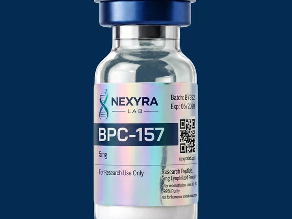 Vial labeled 'BPC-157' from NEXYRA LAB on a blue background