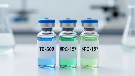 TB-500 and BPC-157 peptide vials in a lab setting.