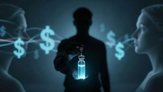 Vial of glowing liquid and crypto symbols with a distorted face.