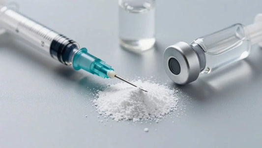Syringe injecting liquid into peptide vial.