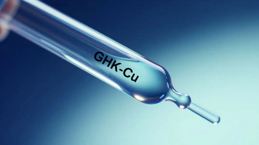 Copper peptide molecule GHK-Cu, blue and metallic, with blurred background.