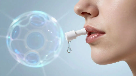 Nasal spray bottle with glowing cellular regeneration background.