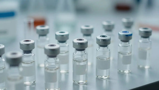 Vials of research peptides in a lab setting.