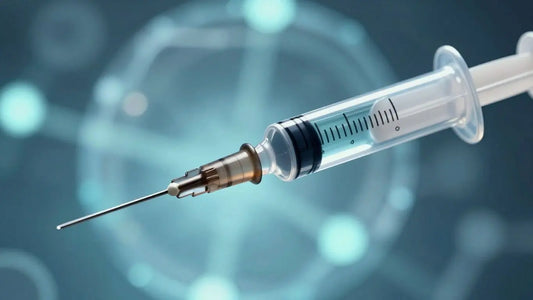 Syringe with clear liquid, abstract background.