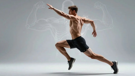 Person exercising, with glowing energy and bone fortification.