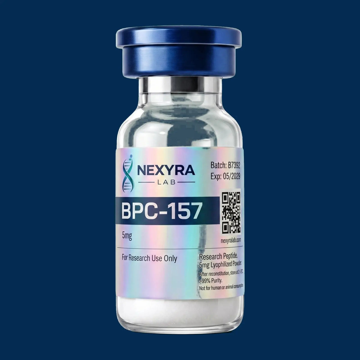 Vial labeled 'BPC-157' from NEXYRA LAB on a blue background